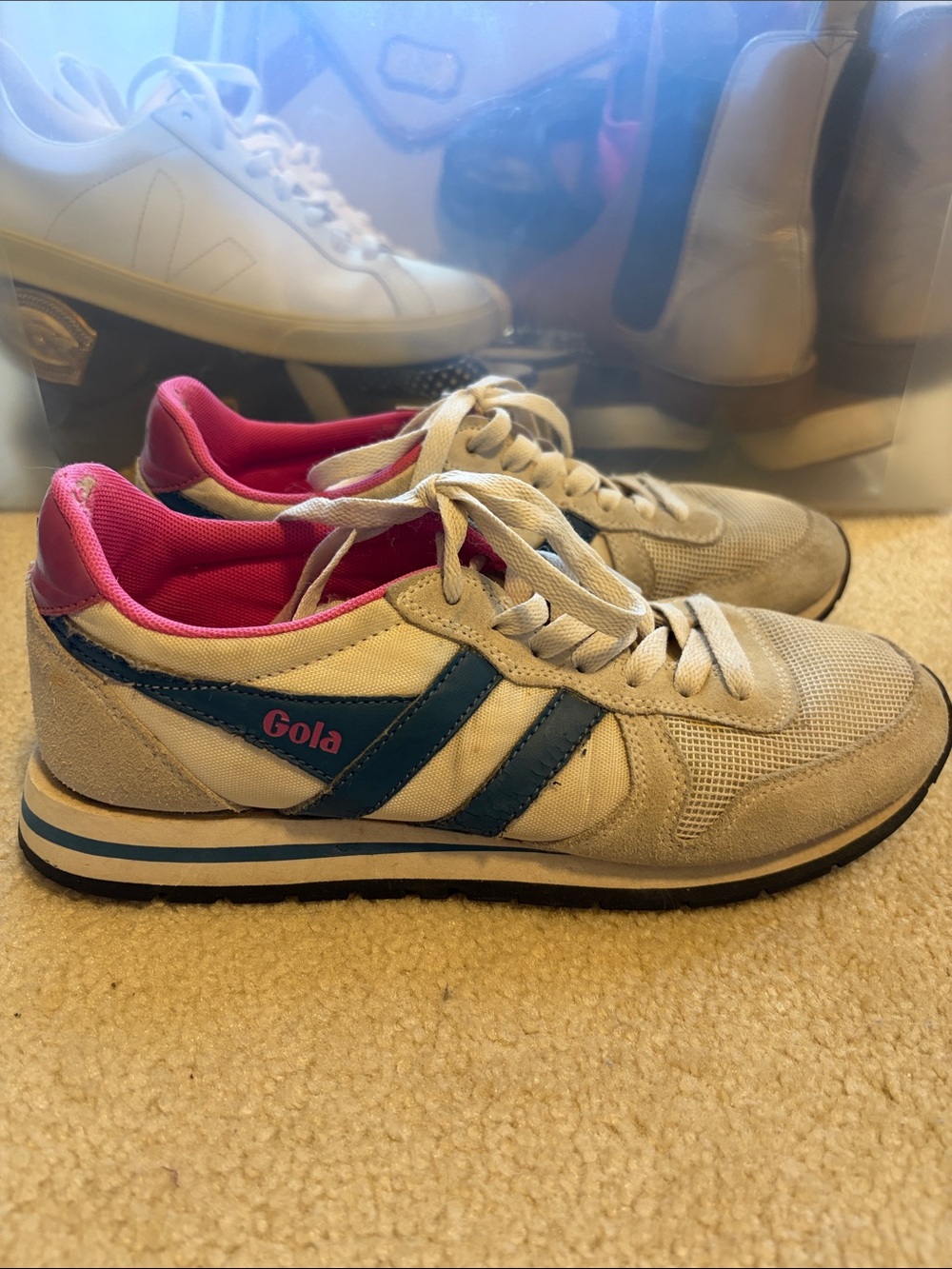 Gola Women's Beige Sneakers with Blue Stripes & Pink Lining